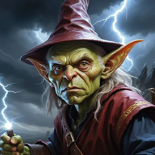 Prompt: goblin wizard, oil painting, high quality, lightning, fantasy, intense color contrast, stormy atmosphere, detailed facial features, epic scene, dynamic composition, realistic, dramatic lighting, game-rpg style, intense gaze, atmospheric, dynamic, traditional art, professional, epic fantasy
