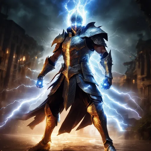 Prompt: Static charge fantasy illustration with magical lightning, dynamic action pose, intense and dramatic lighting, high contrast, game-rpg style, mystical aura, crackling energy, powerful and menacing look, vibrant colors, detailed armor, best quality, highres, ultra-detailed, game-rpg, intense lighting, magical elements, dynamic pose