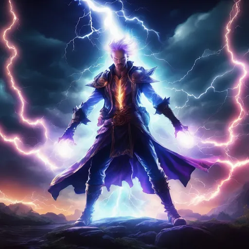 Prompt: Static charge fantasy illustration with magical lightning, intense and dramatic lighting, high contrast, game-rpg style, mystical aura, crackling energy, vibrant colors, best quality, highres, ultra-detailed, game-rpg, intense lighting, magical elements, 