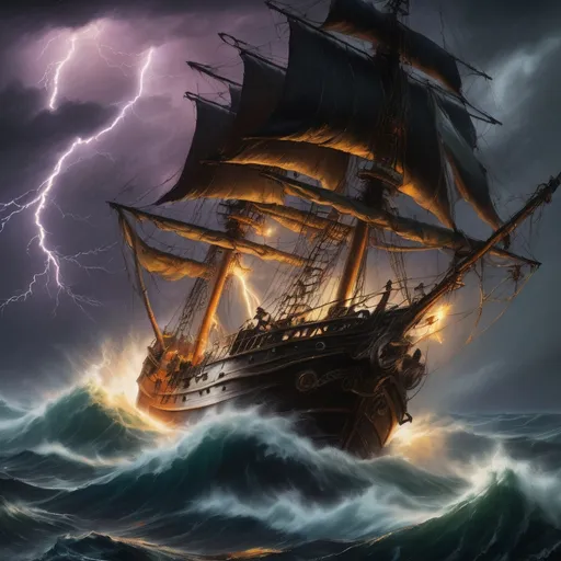 Prompt: Pirates fighting on a ship deck in a lightning storm, realistic oil painting, raging waves, dramatic lightning bolts, high quality, fantasy, intense color contrast, stormy atmosphere, detailed facial features, epic scene, dynamic composition, oil painting, fantasy, dramatic lighting, stormy seas, high quality