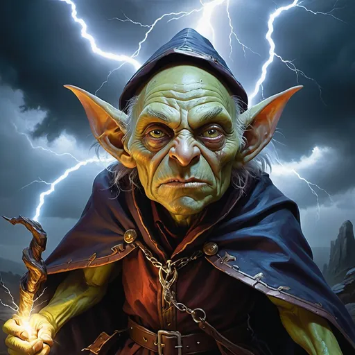 Prompt: goblin wizard, oil painting, high quality, lightning, fantasy, intense color contrast, stormy atmosphere, detailed facial features, epic scene, dynamic composition, realistic, dramatic lighting, game-rpg style, intense gaze, atmospheric, dynamic, traditional art, professional, epic fantasy