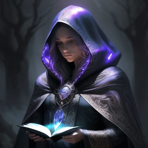 Prompt: Fantasy illustration of a mysterious impersonator, magical realms, mystical aura, intricate cloak with shimmering details, enigmatic expression, ethereal essence, high quality, fantasy, detailed cloak, mystical, magical, mysterious, fantasy style, atmospheric lighting