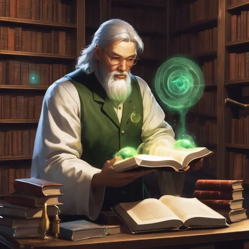 Prompt: scientist arcane spell sage books library 

