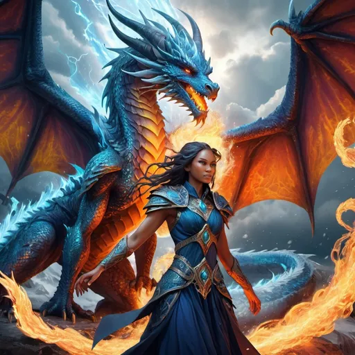 Prompt: Fantasy illustration of storm dragon and woman wizard , friend vibrant and detailed scales, majestic wings with intricate patterns, fiery breath and icy blasts, epic fantasy style, highres, ultra-detailed, fantasy, mythical creatures, vibrant colors, fierce battle, detailed scales, majestic wings, fiery breath, icy blasts, epic, mythical, majestic, vibrant, atmospheric lighting