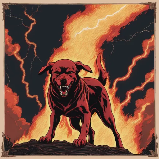 Prompt: hell hound fire burning lightning
