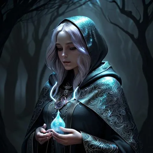 Prompt: Fantasy illustration of a mysterious impersonator, magical realms, mystical aura, intricate cloak with shimmering details, enigmatic expression, ethereal essence, high quality, fantasy, detailed cloak, mystical, magical, mysterious, fantasy style, atmospheric lighting