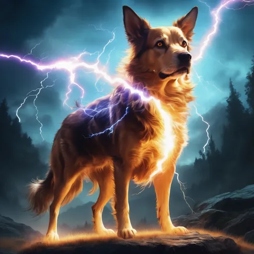 Prompt: Static charge fantasy illustration with magical lightning, intense and dramatic lighting, high contrast, game-rpg style, mystical aura, crackling energy, vibrant colors, best quality, highres, ultra-detailed, game-rpg, intense lighting, magical elements, dog illusion 