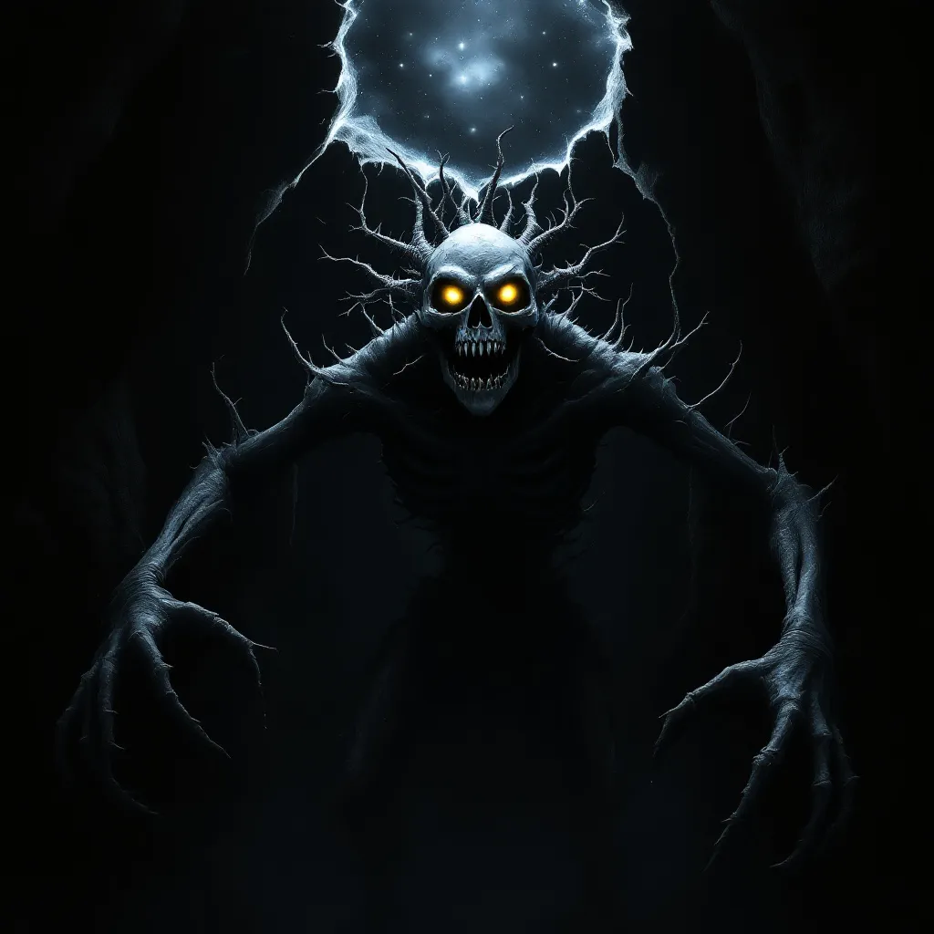 Prompt: A grotesque and haunting figure dominates the scene, featuring a complex blend of anatomy that merges skeletal and monstrous elements. Its central visage reveals a grinning skull, complete with exaggerated teeth and unsettling eyes that seem to peer back at the viewer. Spiny protrusions jut outwards, adding to the creature's menacing aura, while a dark, shadowy background enhances the sinister atmosphere. The monochromatic color palette emphasizes the stark contrasts between light and dark, creating an eerie and surreal effect. This image evokes a sense of dread and fascination, drawing the audience into a narrative steeped in horror and otherworldly intrigue.