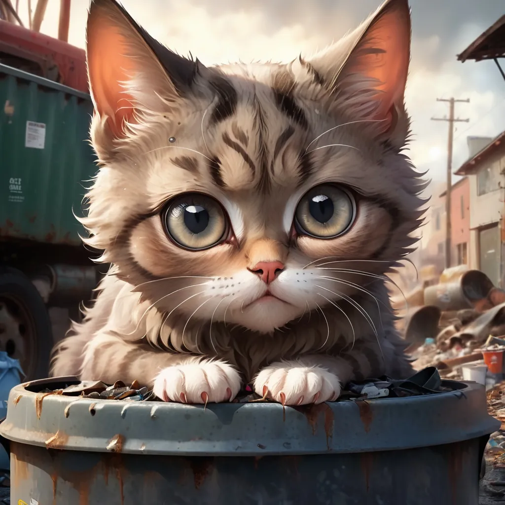 Prompt: Giant, sad-eyed, pity kitty, gray tabby cat, big head, prominent big eyes, sitting on rusted, dented trash can lid, ants eye view, Girard Goodenow art, big eye style, highres, detailed, emotional, sad face, atmospheric lighting, realistic fur texture, subtle color tones