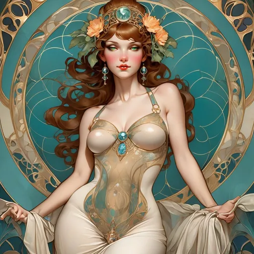 Prompt: <mymodel> "Behold the disco queen of your dreams, adorned in art nouveau patterns that exude a sense of opulence and grandeur. The artist's skillful rendering brings to mind the works of Alphonse Mucha, Gil Elvgren, and JC Lydecker, creating a unique and captivating piece that will leave you in awe."