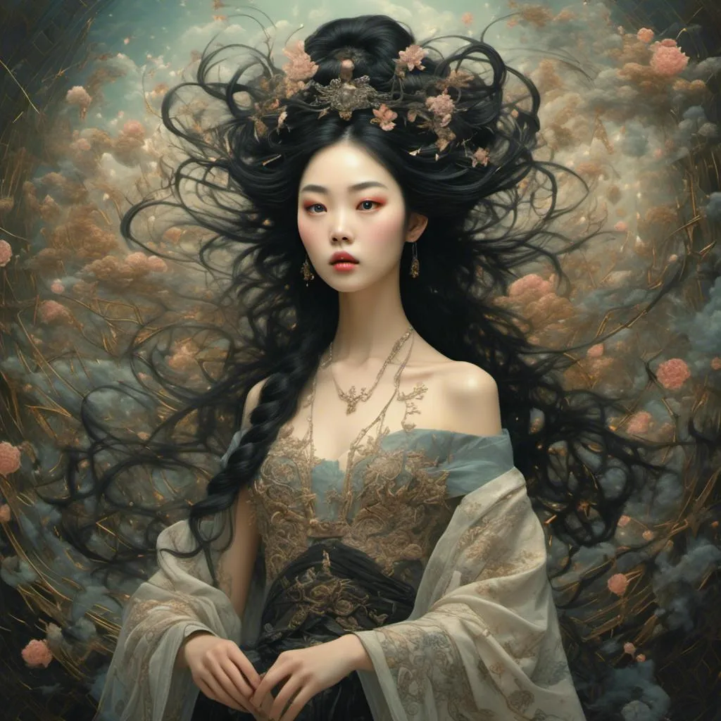 Prompt: <mymodel>stunning Chinese spellcaster, flowing black hair, intricate paper spells, mystical aura, Fulu symbols, ancient power, graceful movements, Mark Ryden style, whimsical surreal, professional, surreal, mystical, detailed hair, elegant design, flowing movements, highres, magical, surrealistic, detailed clothing, professional lighting