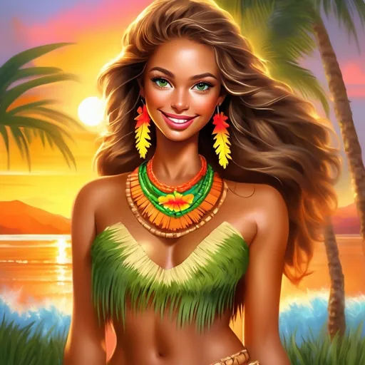 Prompt: (masterpiece), best quality, expressive eyes, GREEN Grass skirt, perfect face, Let your imagination run wild as you picture a Hawaiian beauty, her skin bronzed by the sun, adorned with a traditional lay necklace and a flowing grass skirt, standing in front of a stunning backdrop of palm trees and a vibrant sunset.