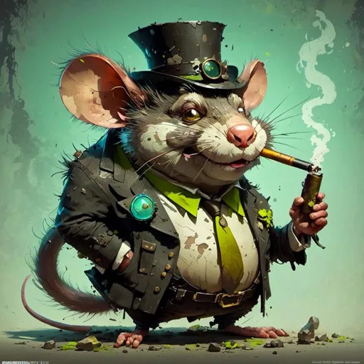 Prompt: <mymodel>Cartoon rat character, big gross looking rat with a cigar, exaggerated hair, reminiscent of big daddy Roth, caricature, cartoon style, exaggerated features, humorous, detailed fur, comical expression, colorful, high quality, cartoon, caricature, exaggerated, humorous, detailed fur, comical expression, colorful, vibrant