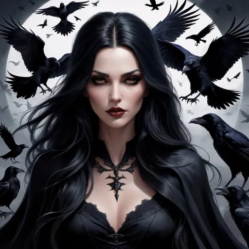 Prompt: A stunning witch with flowing black locks, her piercing gaze commanding the flock of ravens and crows that surround her. She exudes power and beauty, a master of the dark arts.