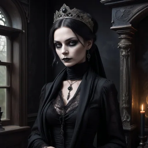 Prompt: The Queen of tarot card readers stands in front of an old Victorian home, her eyes hidden by a black scarf. She is a master of the dark arts, with a deep understanding of the supernatural. Her black dress and scarf add to her intimidating presence, as she gazes into the unknown. The spooky atmosphere of the home is enhanced by the dim light shining from below, creating a scene that is both beautiful and eerie.
