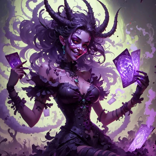 Prompt: <mymodel>Playful devil girl with purple skin and devilish grin, holding tarot cards, surrounded by swirling purple smoke, tempting and deceiving, ultra-detailed, mystical, swirling smoke, devilish grin, tarot cards, purple skin, playful, tempting, professional, vibrant colors, enchanting lighting