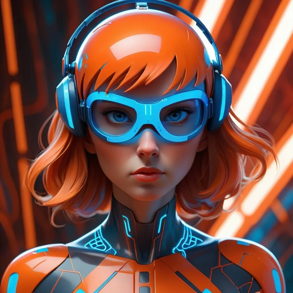 Prompt: A dark fantasy illustration, futuristic, Orange, form-fitting bodysuit with glowing blue circuit patterns, and a matching helmet with red googles and a glowing blue Head Set. She has pale skin and long, dark hair bobcut. The background is a blurred, abstract, red and white light, giving the image a sci-fi feel. The lighting is dramatic, with strong highlights and shadows. The woman has a serious, focused expression. The image is high quality and detailed, with a realistic style.