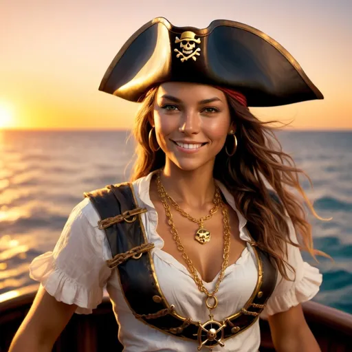 Prompt: As the sun sets over the ocean, a female pirate stands at the helm of her ship, her tan skin glowing in the warm light. She looks out at the horizon with a satisfied smile, her pirate hat and gold necklace adding to her commanding presence.
