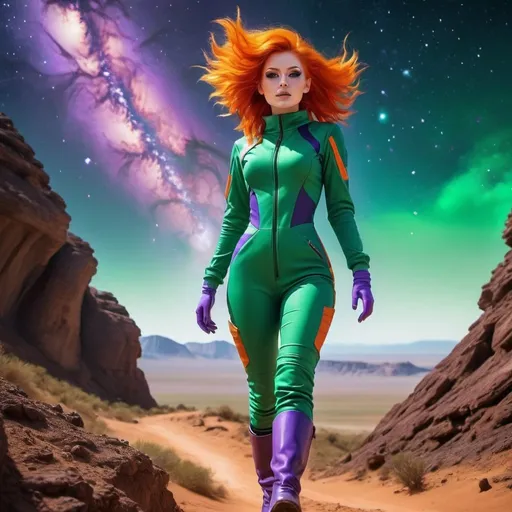 Prompt: In a daring display of bravery and style, a young woman with a bold purple jumpsuit and vibrant orange hair rockets through a distant galaxy. Her green boots leave a trail of stardust as she explores the alien terrain, with a breathtaking view of the galaxy stretching out behind her.