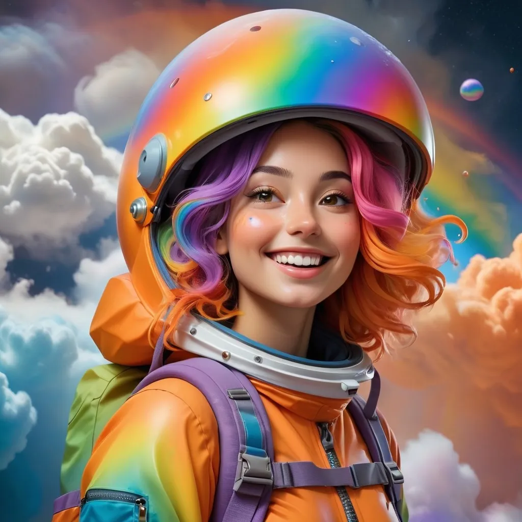 Prompt: Beautiful young woman standing in a rainbow cloud everything around her is big bright splash the color she’s quite happy she’s wearing a backpack. She’s a traveler. She travels new areas in the universe. She’s wearing a rainbow space suit beautiful face big orange space helmet.