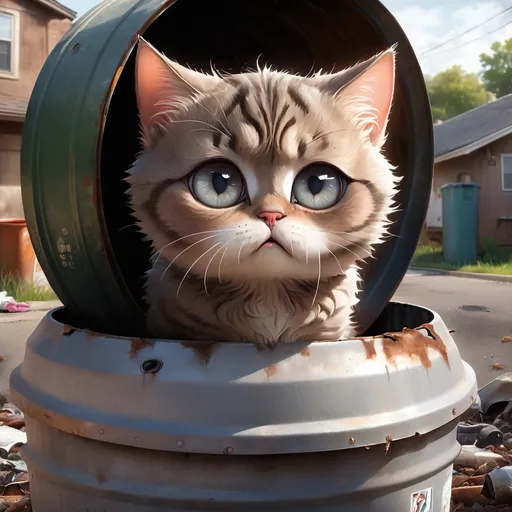 Prompt: Giant, sad-eyed, pity kitty, gray tabby cat, big head, prominent big eyes, sitting on rusted, dented trash can lid, ants eye view, Girard Goodenow art, big eye style, highres, detailed, emotional, sad face, atmospheric lighting, realistic fur texture, subtle color tones