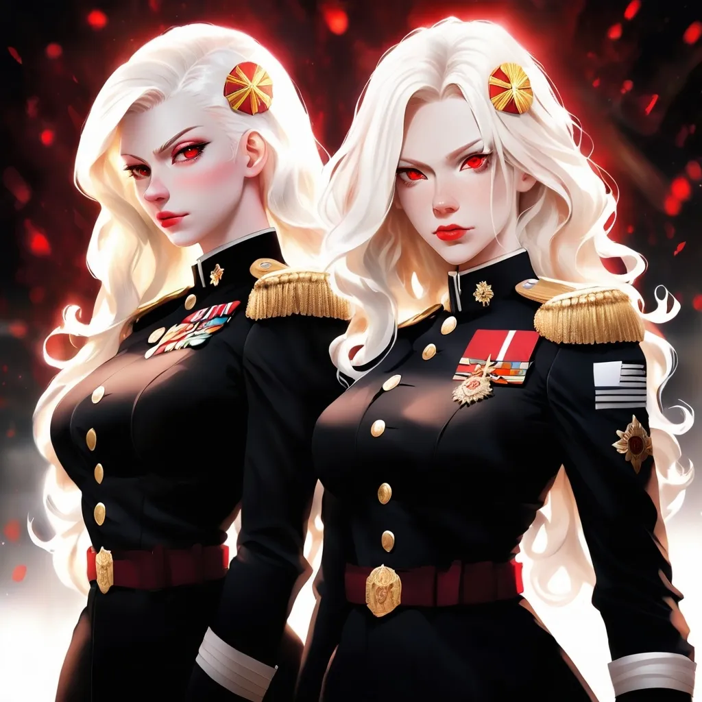 Prompt: Two anime-style Female characters with light White hair, deep red eyes, and fair skin Albinos, standing close together. They both have serious expressions. The characters are dressed in black and white military-like uniforms with intricate golden designs and medals. There is a strong, dramatic lighting effect, casting soft shadows on their faces and illuminating their hair, creating a sense of depth and intensity. The background is dark with subtle glowing and floating red particles, enhancing the mystical and ethereal mood of the scene. The overall atmosphere is one of strength, mystery, and a hint of danger.Wearing Dress Military uniforms