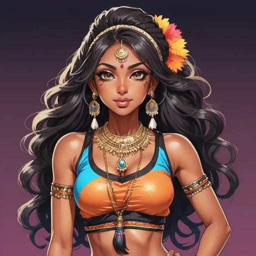 Prompt: Character illustration sheet of an Indian gyaru girl, dark skin, black hair, Indian cultural clothing, athletic build, attractive, vibrant colors, detailed facial features, high quality, vibrant, attractive, gyaru style, cultural attire, athletic, detailed eyes, professional, colorful lighting