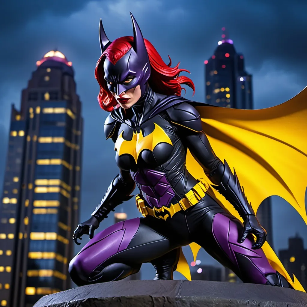 Prompt: Female demon Batman, Linakra malicious, sinister, red hair, top of outdoor Gotham City building, black, yellow and purple Batman suit, pretty, imposing, battle stance, ready to fight, 50-year-old woman, armor, night time, dark atmospheric, red lips, demonic horns, grimdark, crouched on gargoyle statue