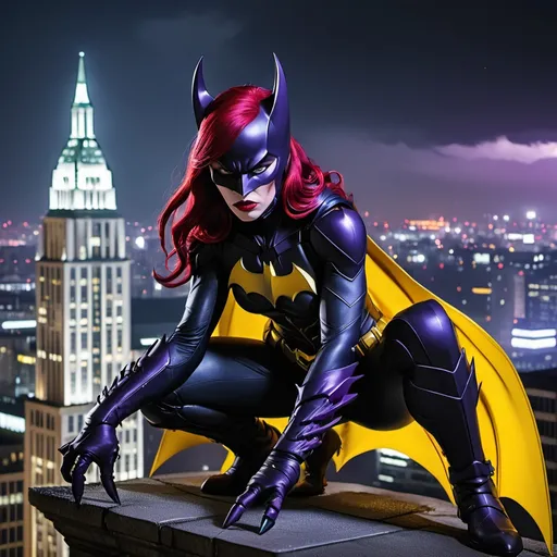 Prompt: Female demon Batman, Linakra malicious, sinister, red hair, top of outdoor Gotham City building, black, yellow and purple Batman suit, pretty, imposing, battle stance, ready to fight, 50-year-old woman, armor, night time, dark atmospheric, red lips, demonic horns, grimdark, crouched on gargoyle statue, menacing, demonic, claws