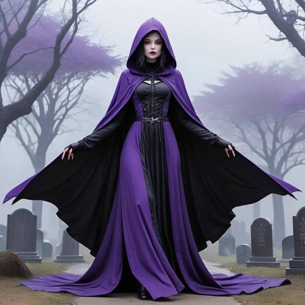 Prompt: Raven comic book character, cute character, flowing gown, ghastly appearance, curvaceous, graveyard, wide shot, fog, beautiful, pale skin, enticing beauty, thick locks, hooded figure, goth, gothic outfit, dramatic pose, bob cut, black hair, purple eyes, black and purple robes