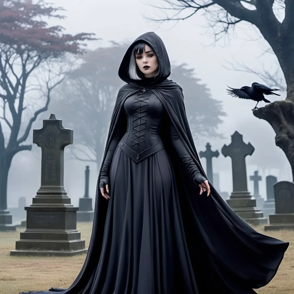 Prompt: Raven comic book character, cute character, flowing gown, ghastly appearance, curvaceous, graveyard, wide shot, fog, beautiful, pale skin, enticing beauty, thick locks, hooded figure, goth, gothic outfit, dramatic pose, bob cut