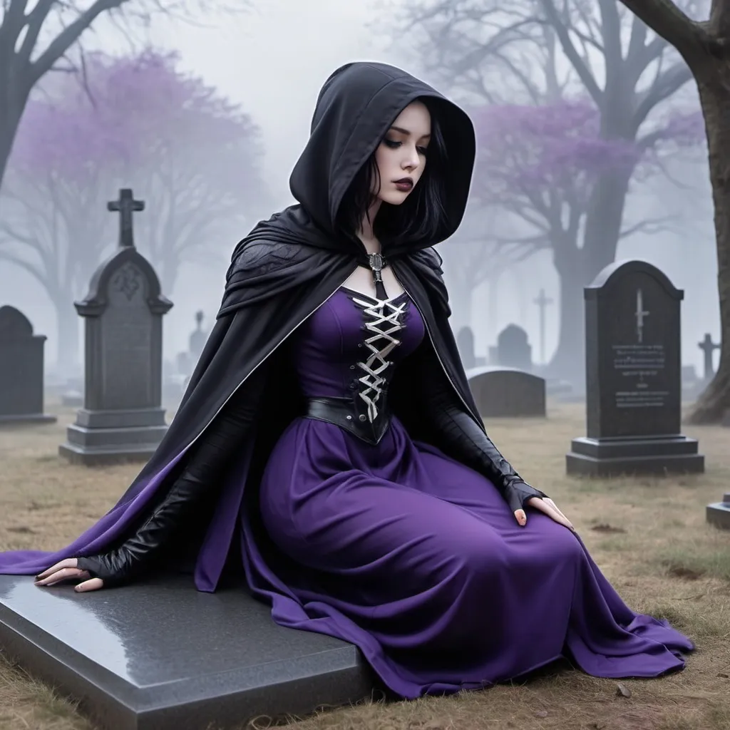 Prompt: Raven comic book character, cute character, flowing gown, ghastly appearance, curvaceous, graveyard, wide shot, fog, beautiful, pale skin, enticing beauty, thick locks, hooded figure, goth, gothic outfit, dramatic pose, bob cut, black hair, purple eyes, black and purple robes, closeup shot, melancholy, kneeling, mourning the dead, kneeling over a grave, white skin