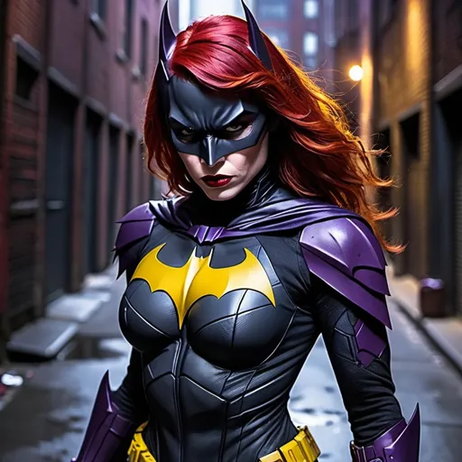 Prompt: Female demon Batman, Linakra malicious, sinister, red hair, outdoor Gotham City alleyway, black, yellow and purple Batman suit, pretty, imposing, battle stance, ready to fight, 50-year-old woman, armor, night time, dark atmospheric, red lips