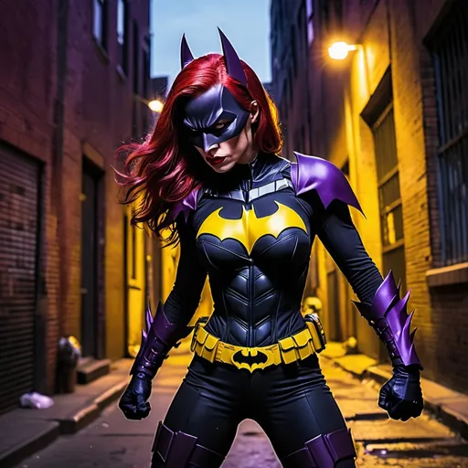 Prompt: Female demon Batman, Linakra malicious, sinister, red hair, outdoor Gotham City alleyway, black, yellow and purple Batman suit, pretty, imposing, battle stance, ready to fight, 50-year-old woman, armor, night time, dark atmospheric, red lips