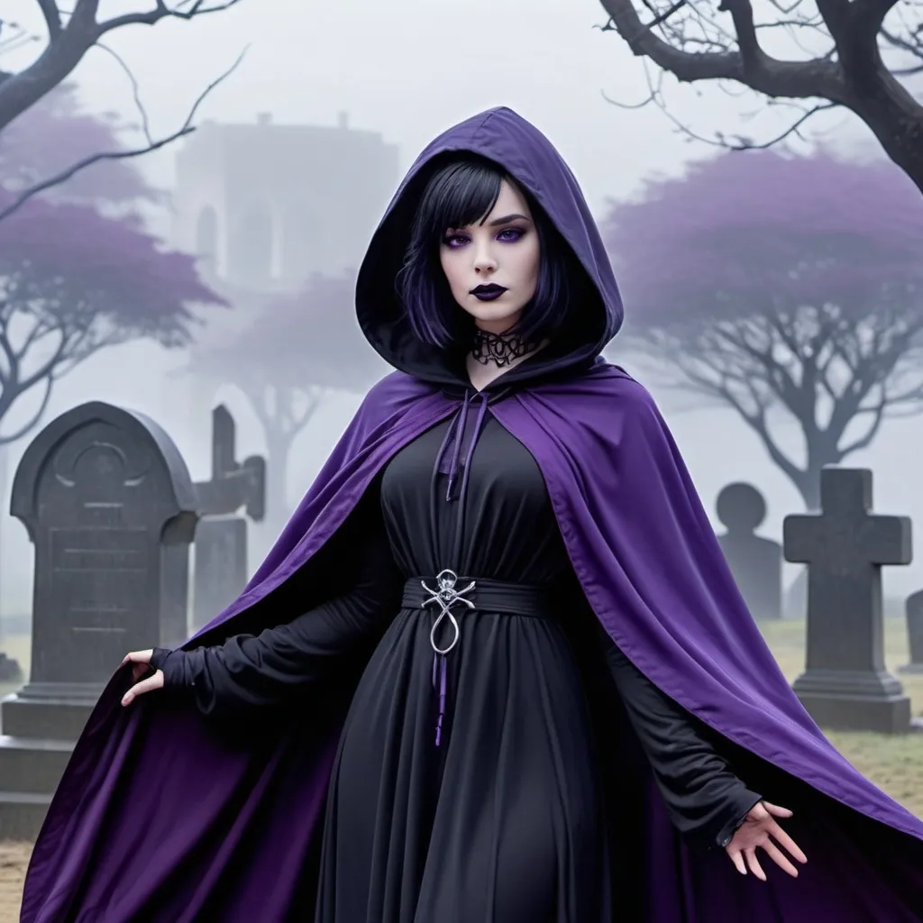 Prompt: Raven comic book character, cute character, flowing gown, ghastly appearance, curvaceous, graveyard, wide shot, fog, beautiful, pale skin, enticing beauty, thick locks, hooded figure, goth, gothic outfit, dramatic pose, bob cut, black hair, purple eyes, black and purple robes, closeup shot