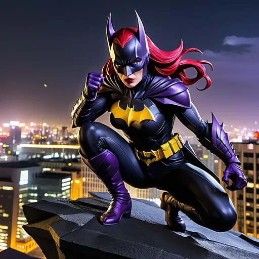 Prompt: Female demon Batman, Linakra malicious, sinister, red hair, top of outdoor Gotham City building, black, yellow and purple Batman suit, pretty, imposing, battle stance, ready to fight, 50-year-old woman, armor, night time, dark atmospheric, red lips, demonic horns, grimdark, crouched on gargoyle statue