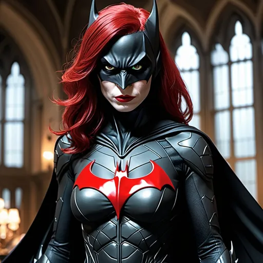 Prompt: Female demon Batman, malicious, sinister, red hair, indoor Wayne manor, black and red Batman suit
