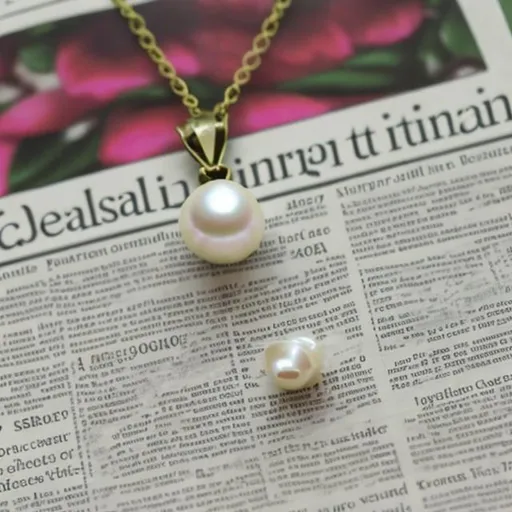 Prompt: On one full page of the newspaper, on another page there is a reward for a large module of pearl necklace.