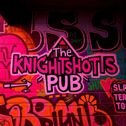 Prompt: Vibrant graffiti wall, with the text "KNIGHTSHOTS Pub", stylized tags, bold and colorful lettering, energetic atmosphere