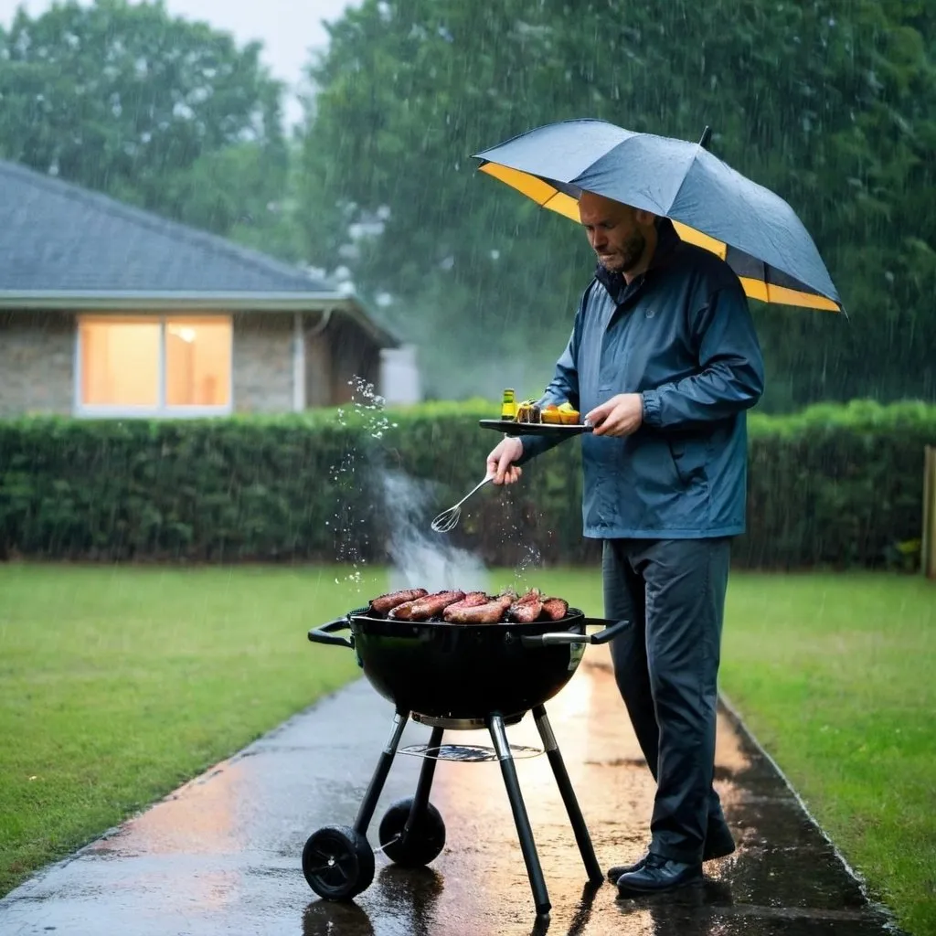 Prompt: Man with bbq in the rain 