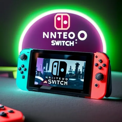 Prompt: "Please create an image of the Nintendo Switch with a video game-themed background in a room."