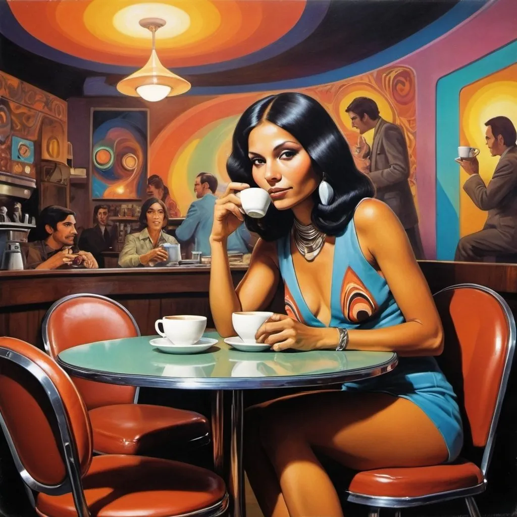 Prompt: Psychedelic 1970s jazz fusion album cover, attractive Indigenous woman, enjoying coffee  sitting on a chair and table in retrofuturistic 1930's cafe, trick of the eye painting