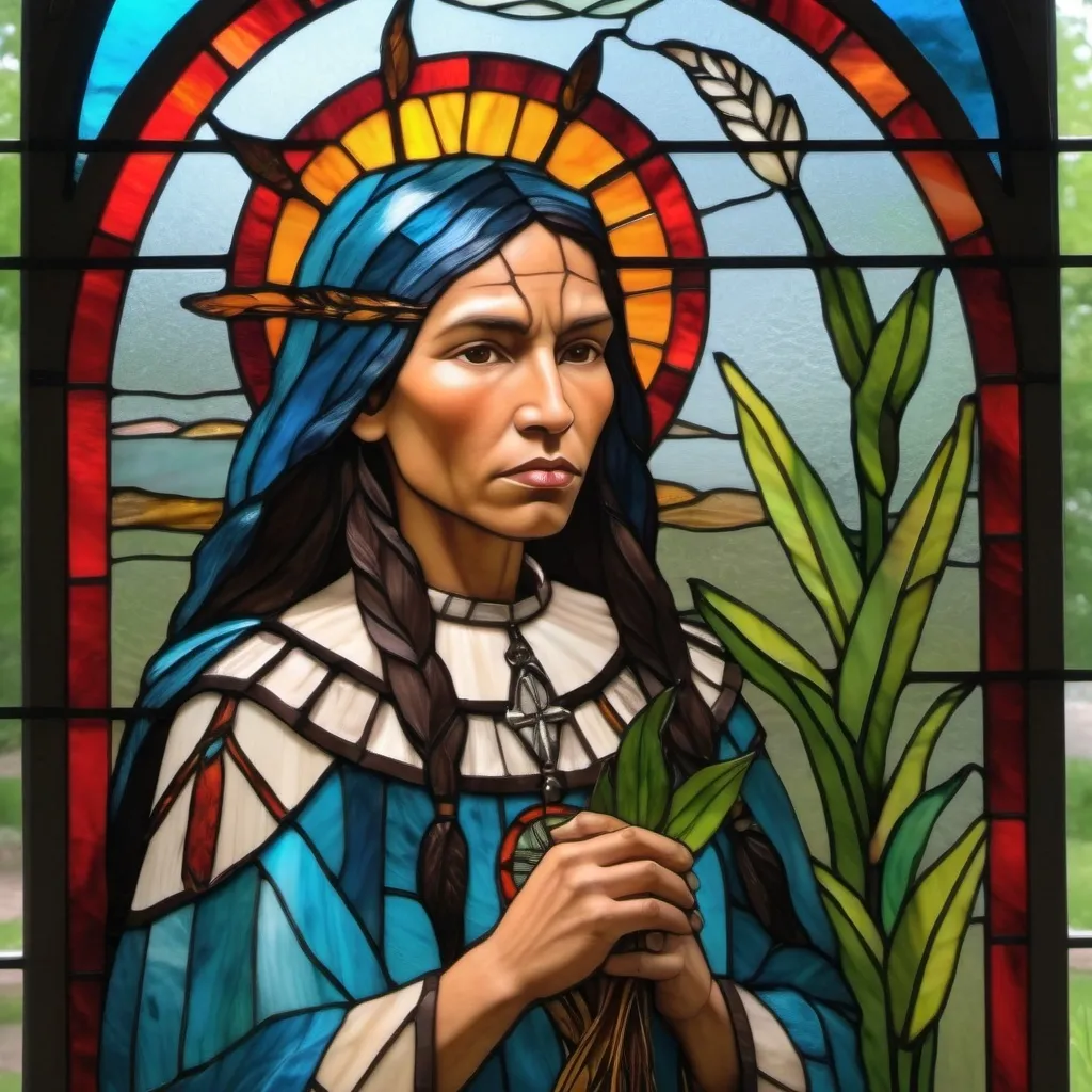 Prompt: Saint Kateri Tekakwitha,  lily of the mohawks, the patroness of ecology and the environment, people in exile and Native Americans.