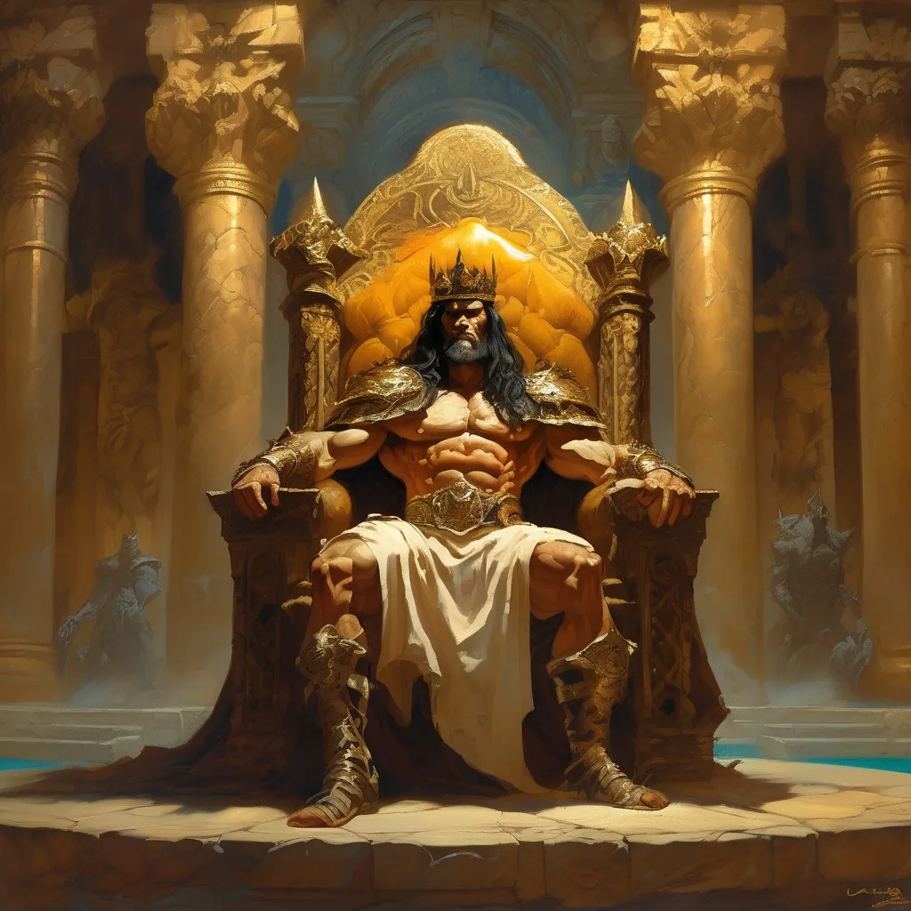 Prompt: King Conan on his elaborate throne, frazetta art style, Conan aged, richly detailed robes adorned with intricate patterns, regal ambiance, majestic lighting enhancing dramatic shadows, the background depicting the grand halls of Aquilina, opulent stone architecture, golden embellishments, ultra-detailed, high-quality artwork, evoking power and wisdom.