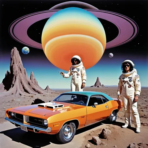 Prompt: psychedelic prog rock circa 1973, male astronaut,  indigenous woman on planet saturn, 1971 Plymouth Cuda car, Les paul guitar ,melting, album art, 