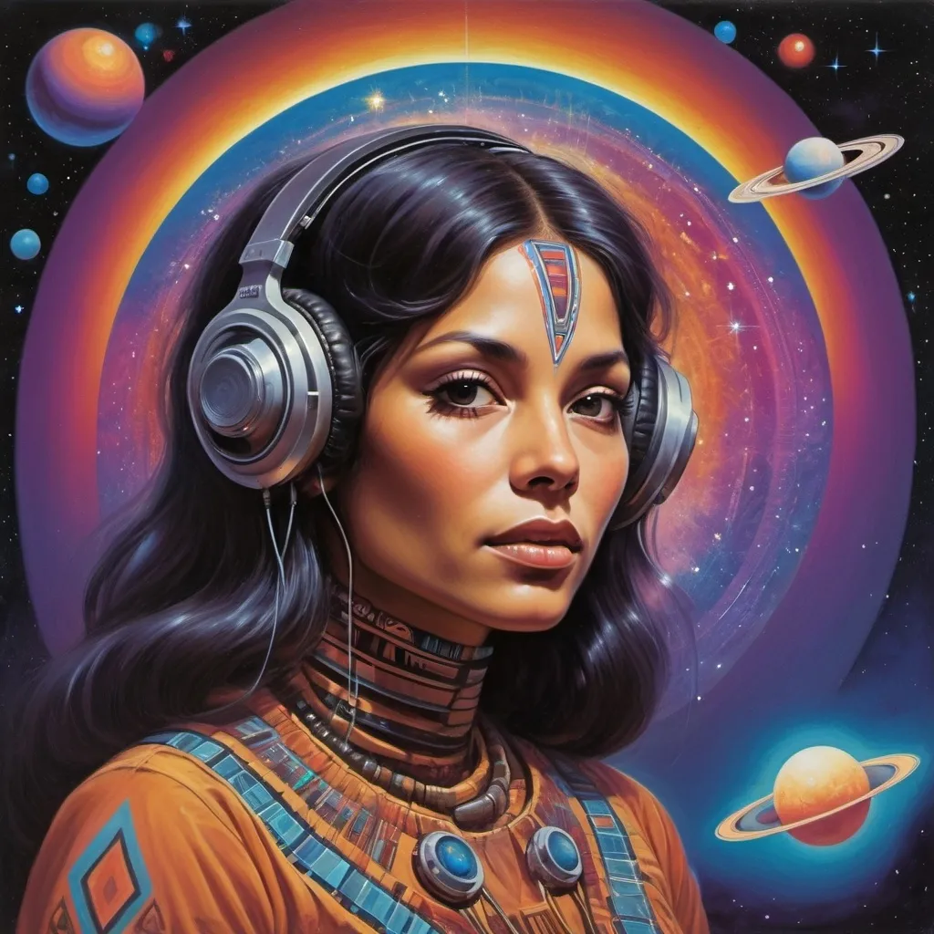 Prompt: Progressive album art  1979,  gorgeous indigenous woman on, Pioneer 11 space craft, playing Moog synth,  painting