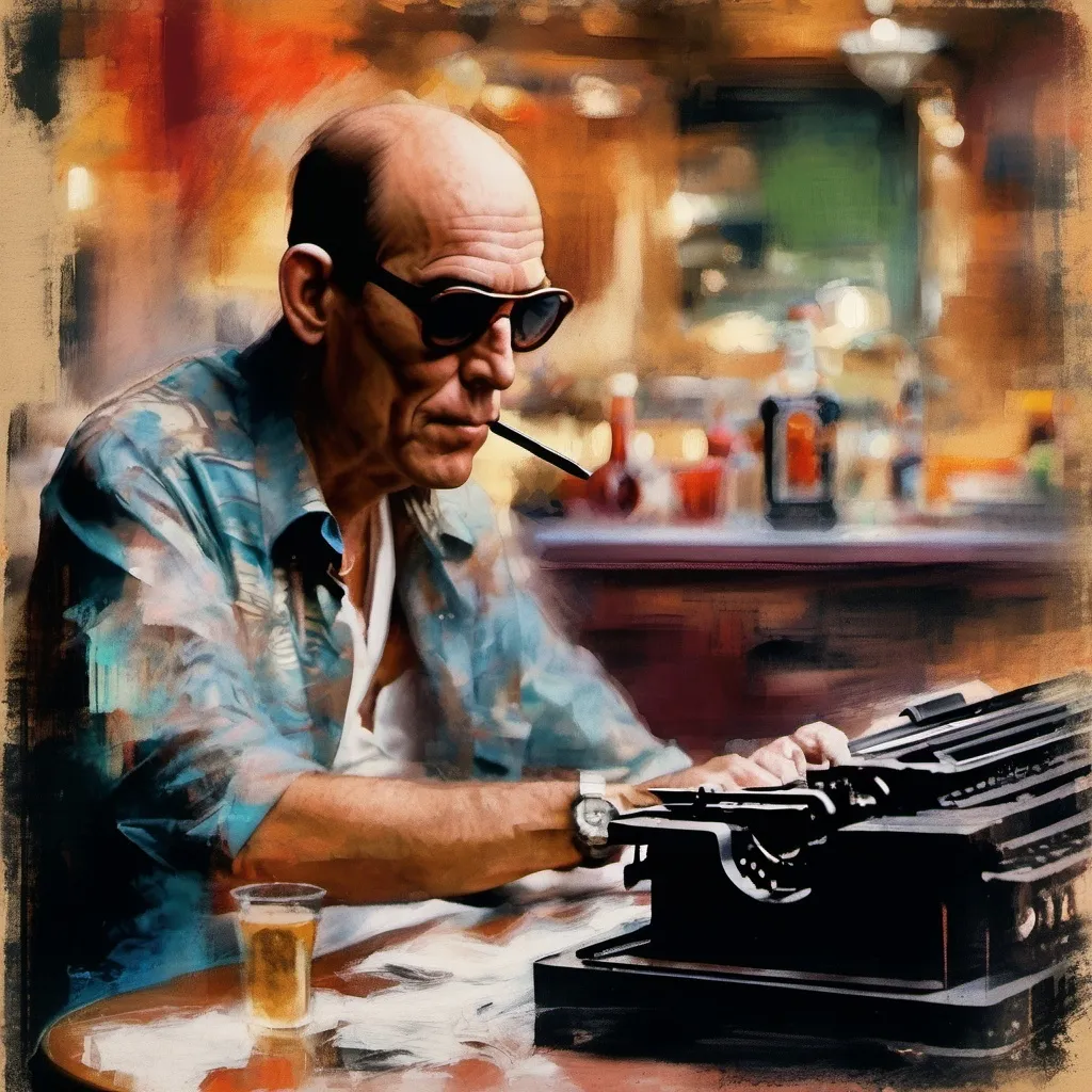 Prompt: Hunter S Thompson at typewriter ,  and  las vegas bar in background brushstroke, gritty texture,