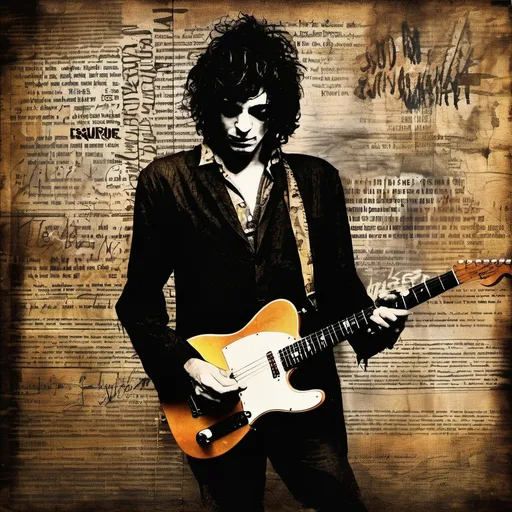 Prompt: Syd Barrett musician with esquire telecaster "dark Globe" lyrics  highlights, cut old paper backdrop, bold brushstroke, gritty texture,