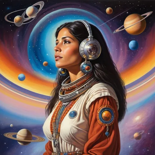 Prompt: Progressive album art  1979,  gorgeous indigenous woman, on Pioneer 11 space craft,  carries message from  humanity to the cosmos , flying over saturn, painting