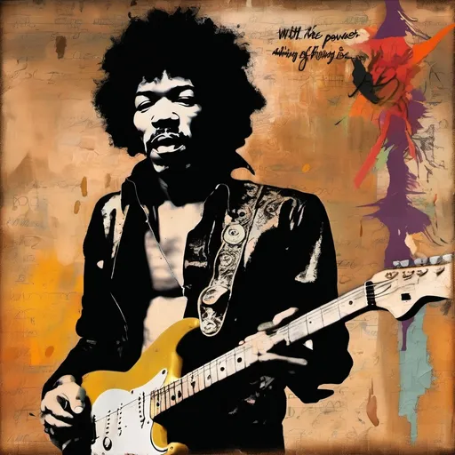 Prompt: Jimi Hendrix  MLK Jam,  in background  highlights "with the power of soul anything is possible" , cut old paper backdrop, bold brushstroke, gritty texture,